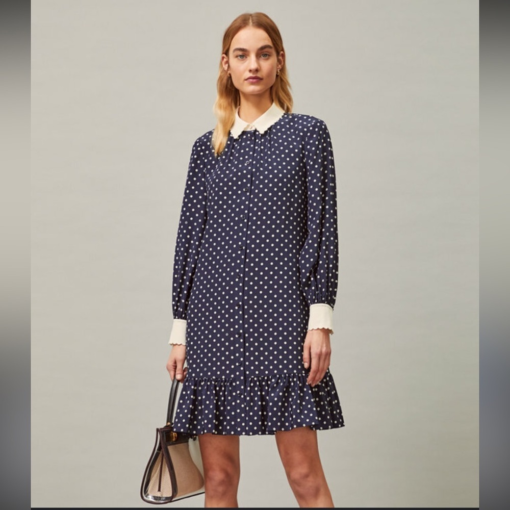 Tory Burch Navy and White Polka Dot Cora Silk shirt Dress 6